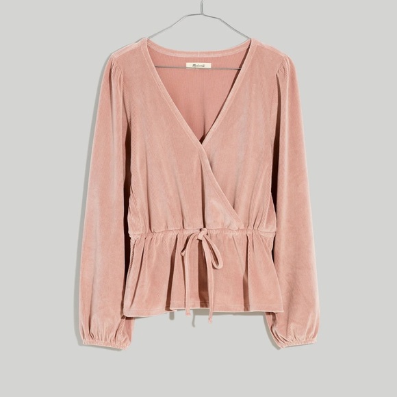 Madewell Corduroy Tie-front Faux-wrap Long Sleeve Blouse Top Pink Mauve Small - Picture 9 of 9